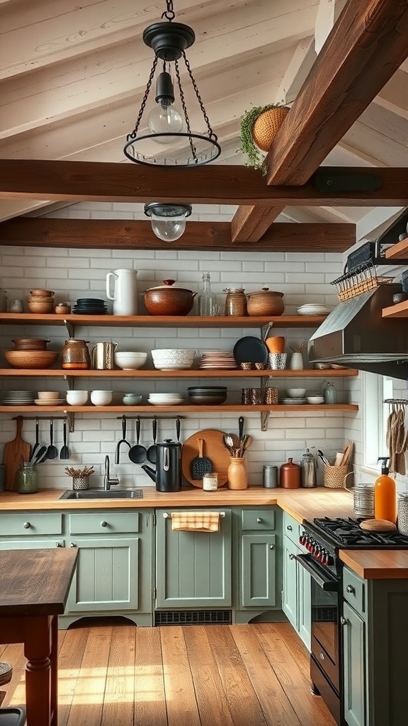 A cozy industrial farmhouse kitchen featuring rustic wood beams and open shelving with various kitchenware.