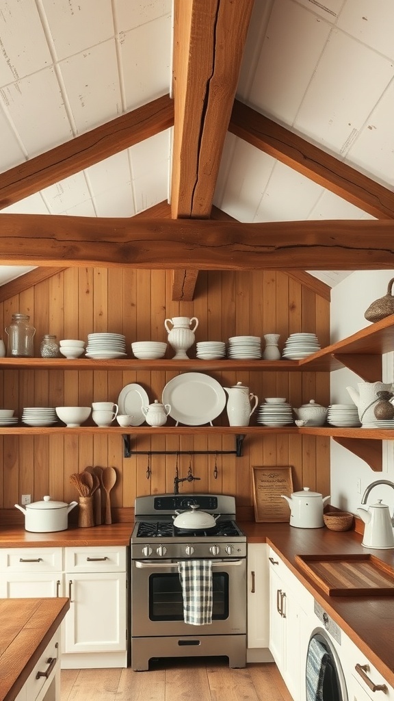 A farmhouse kitchen featuring rustic wood beams and open shelving with white dishes.