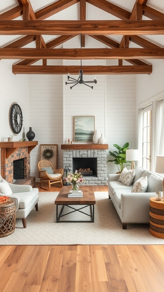 A cozy living room featuring rustic wood beams and shiplap walls, with a fireplace and comfortable seating.