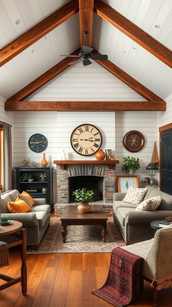 A cozy farmhouse living room with rustic wood beams and shiplap walls.