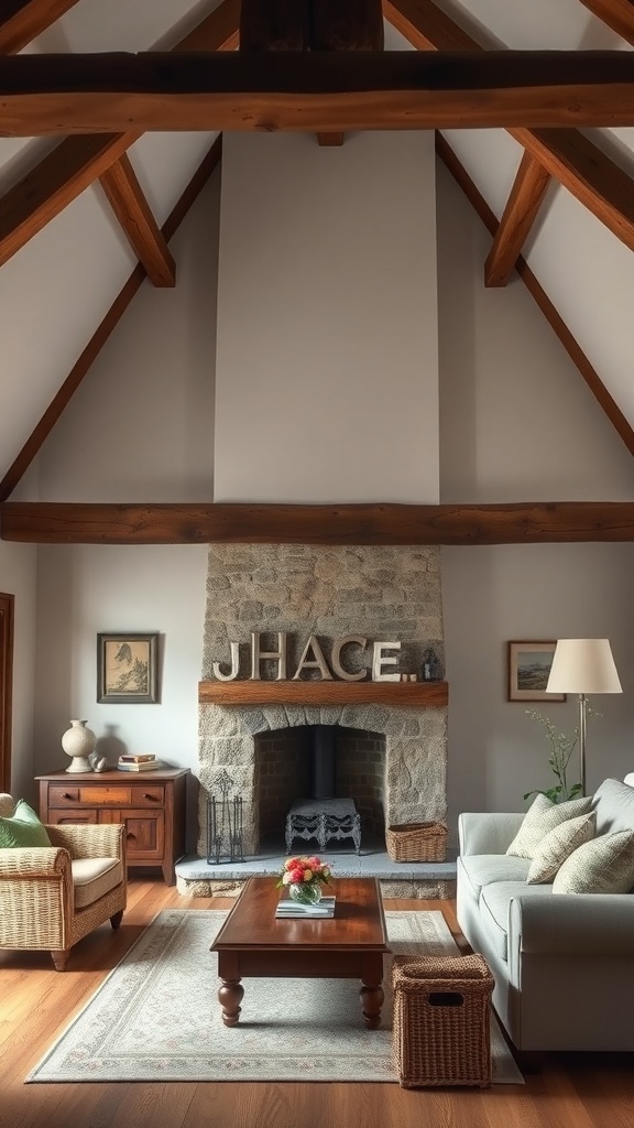 A cozy English cottage living room featuring rustic wood beams and stone walls.