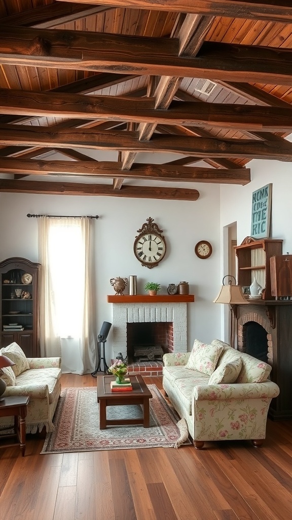 A cozy farmhouse living room with rustic wood beams, vintage decor, and floral-patterned sofas.