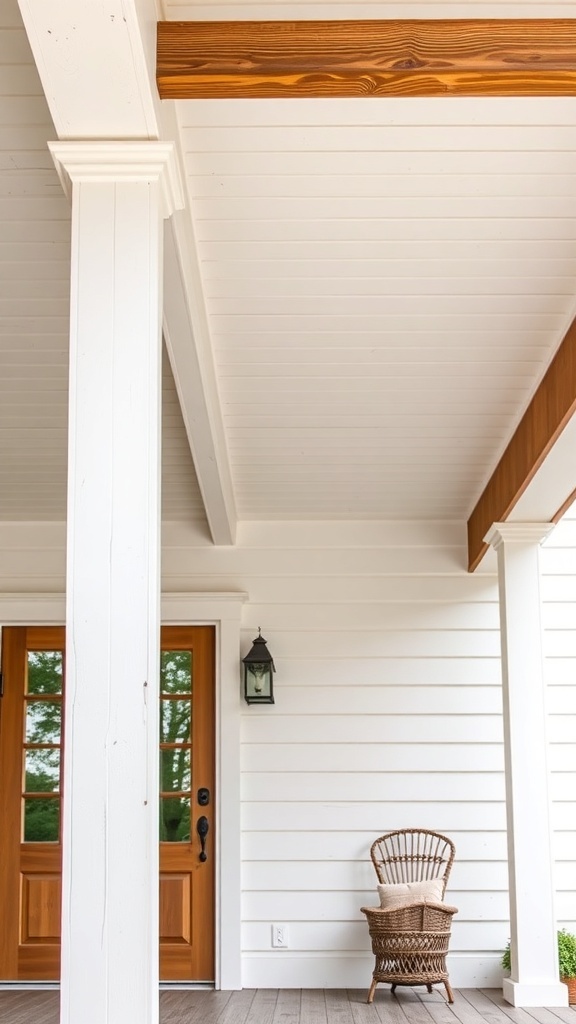 A modern farmhouse porch featuring rustic wood beams and white shiplap.
