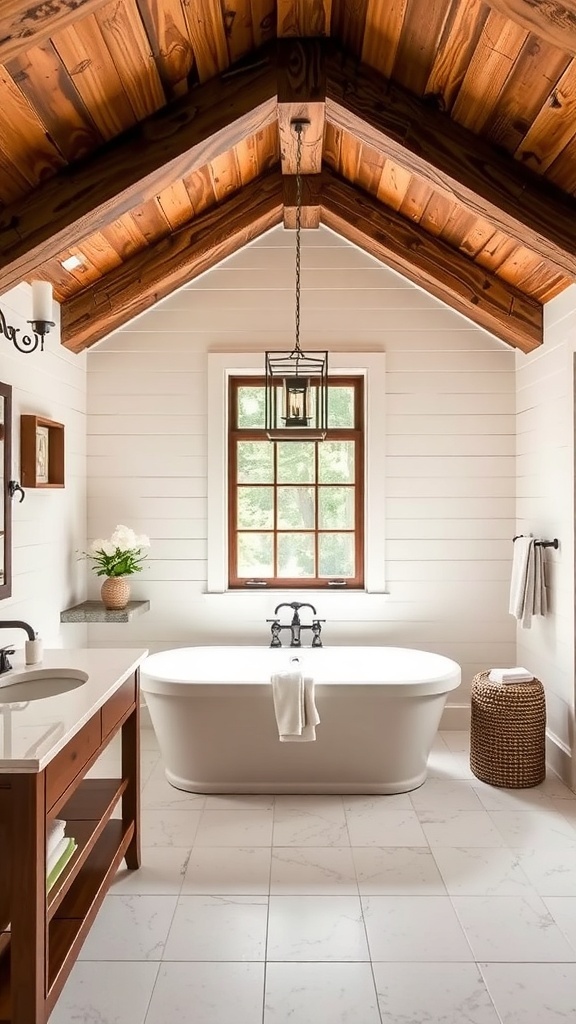 Modern farmhouse master bath featuring rustic wood beams.