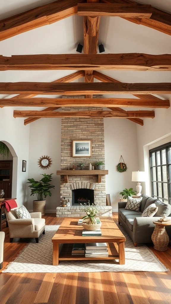 A living room featuring rustic wood beams and cozy furniture.