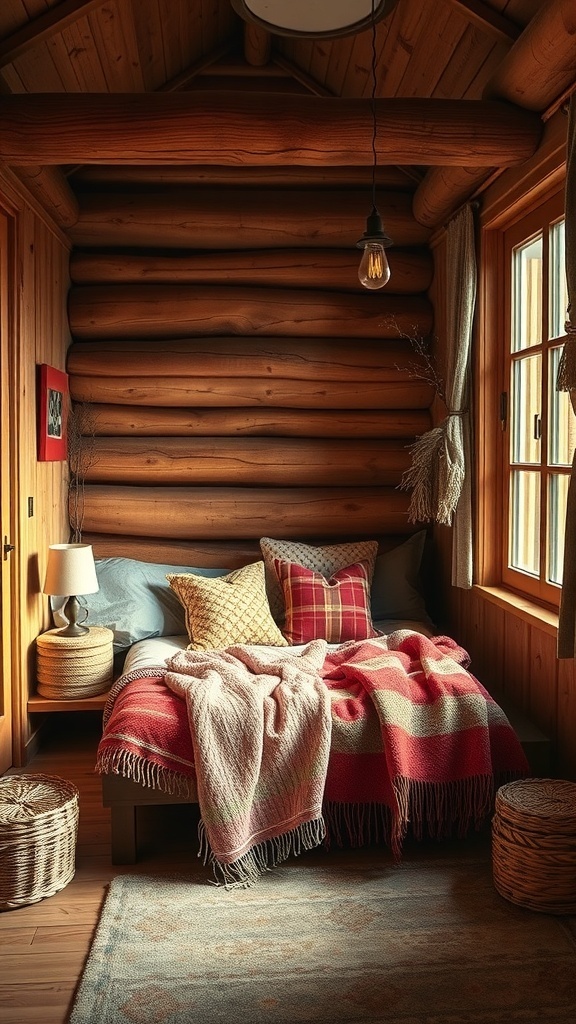 Cozy bedroom nook with rustic wood walls, warm blankets, and natural decor.