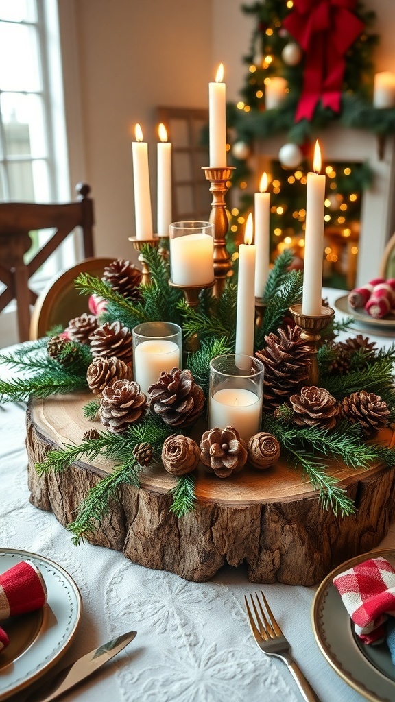 A rustic wood centerpiece with candles, pinecones, and greenery on a Christmas table.