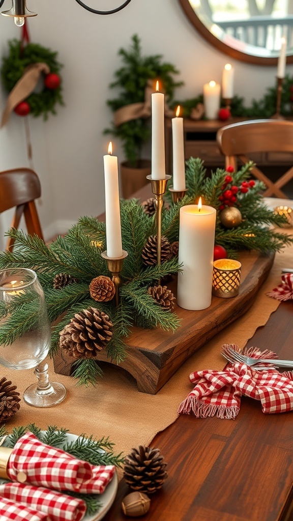 A rustic wood centerpiece with greenery, candles, and pinecones on a holiday table.