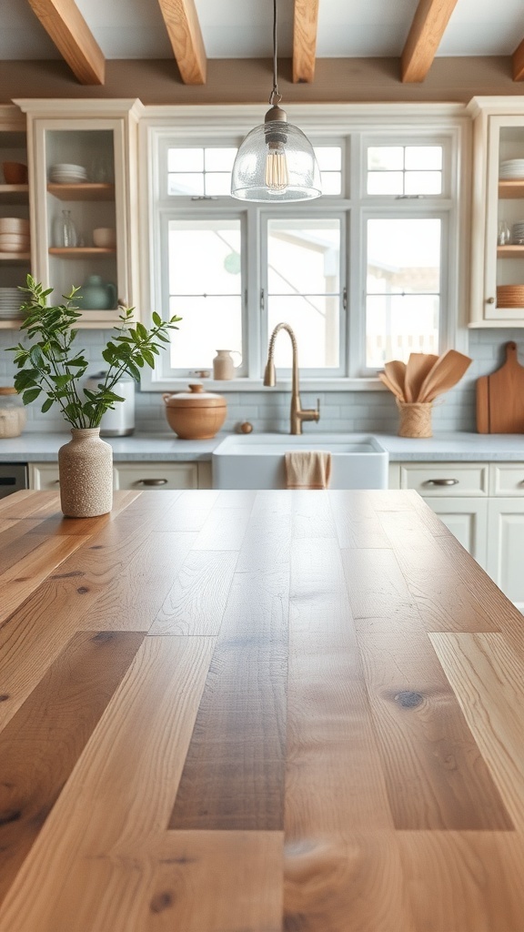 A rustic wood countertop in a farmhouse kitchen with natural grains and textures.