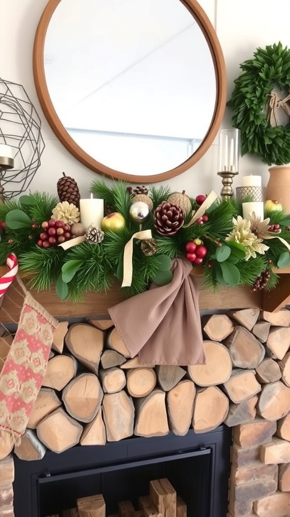A winter mantle decorated with rustic wood elements, including stacked logs and greenery.