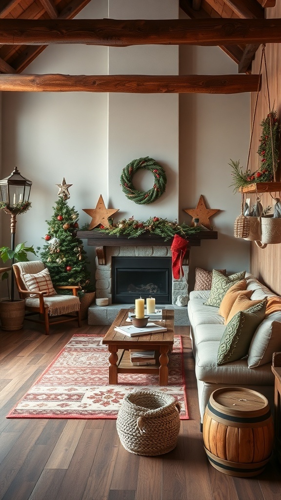 Cozy Christmas living room with rustic wood elements, featuring a tree, fireplace, and festive decor.