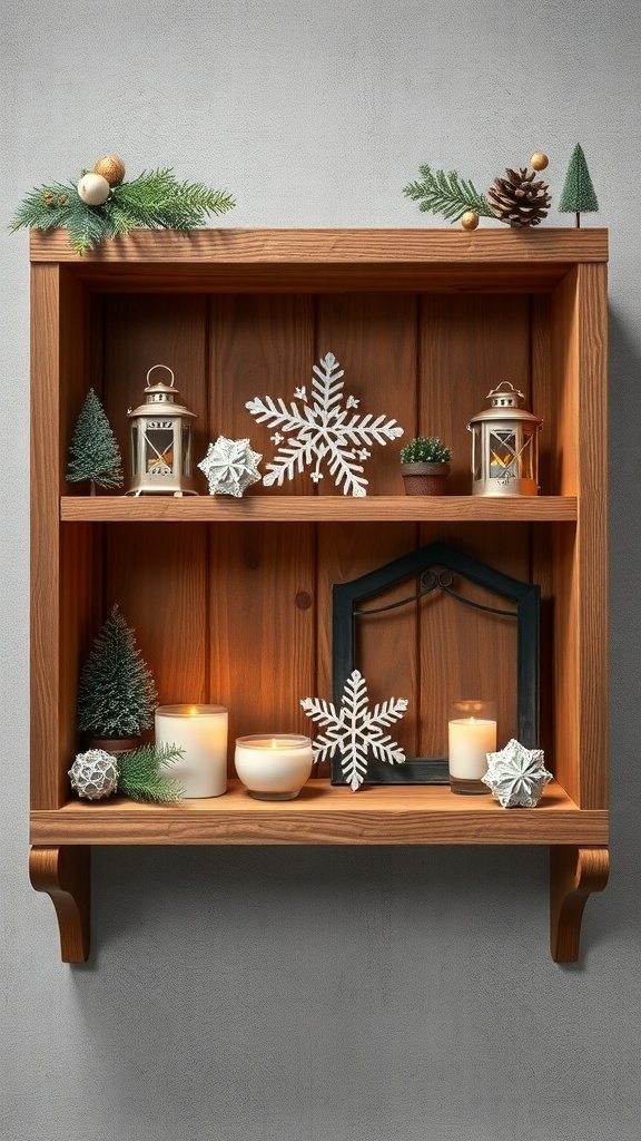 A rustic wooden shelf decorated with winter elements like candles, pinecones, and evergreen branches.