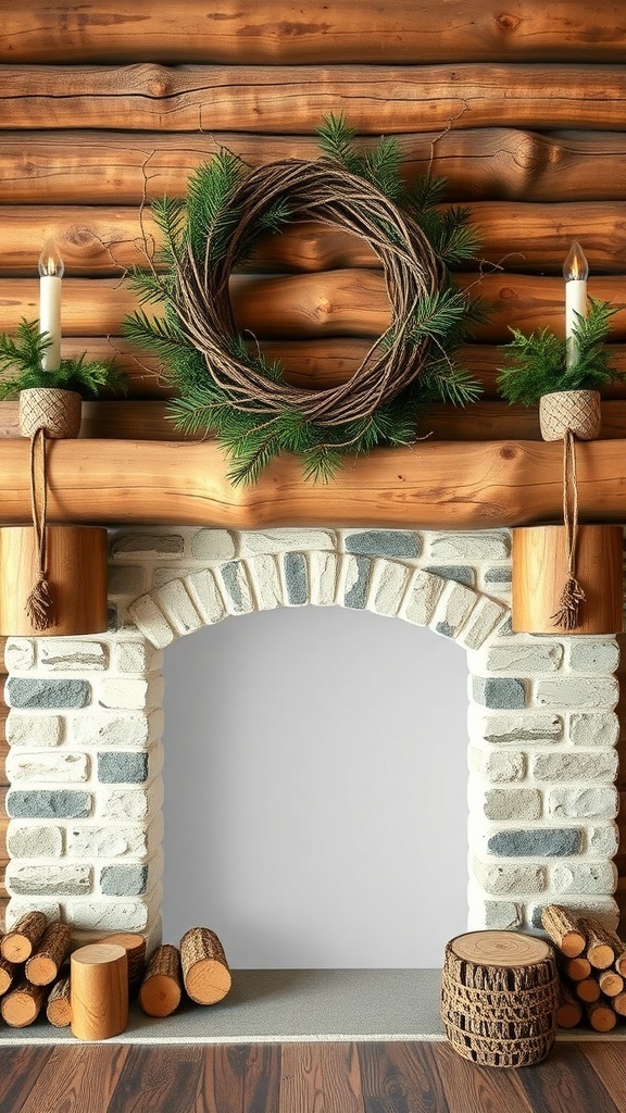 A rustic mantle with wooden logs, a wreath, and greenery.