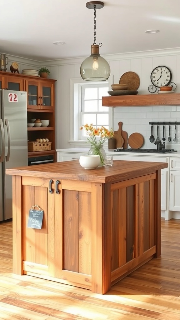 A rustic kitchen island made of warm wood with a simple design.