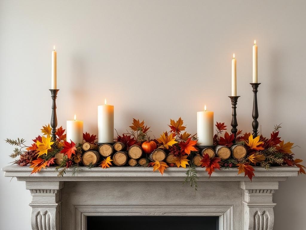 A rustic wood log centerpiece with candles and autumn leaves on a fireplace mantel.