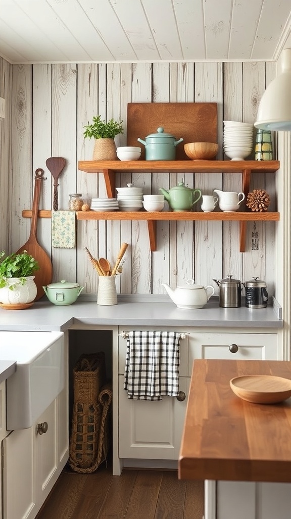 A cozy farmhouse kitchen featuring a rustic wood plank backsplash with gray cabinets and open shelves.