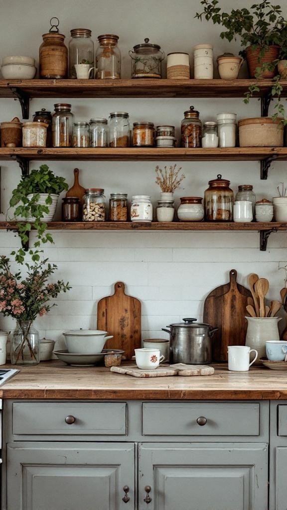 Rustic wooden shelves filled with jars, plants, and kitchenware in a cozy kitchen setting.