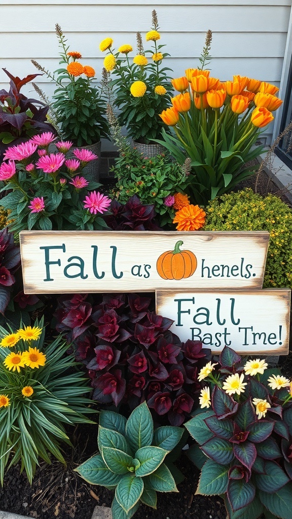 Rustic wood signs with fall-themed phrases surrounded by colorful fall flowers.