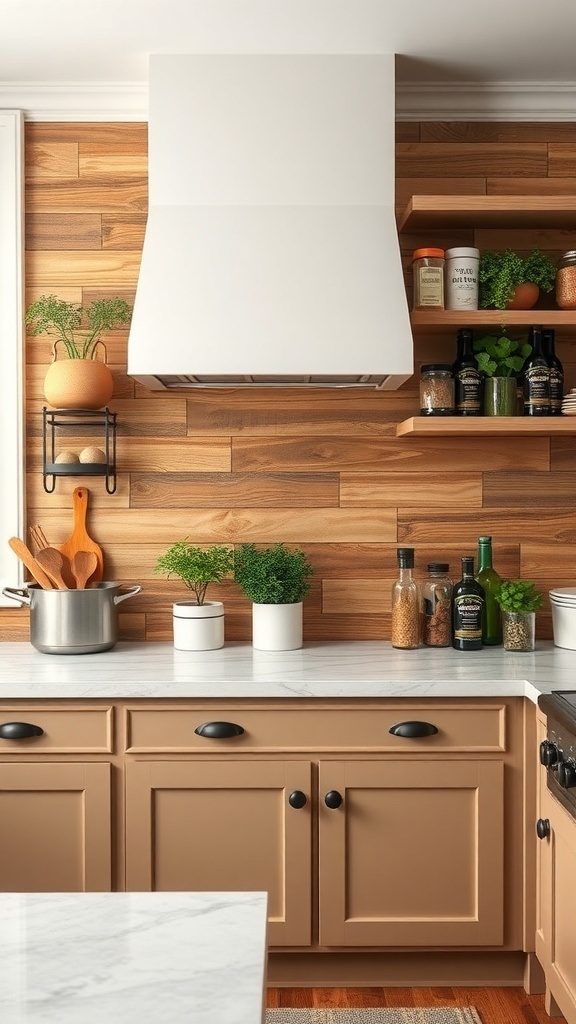 A farmhouse kitchen with rustic wood slats as a backsplash, featuring a white hood and open shelves with plants and kitchen items.