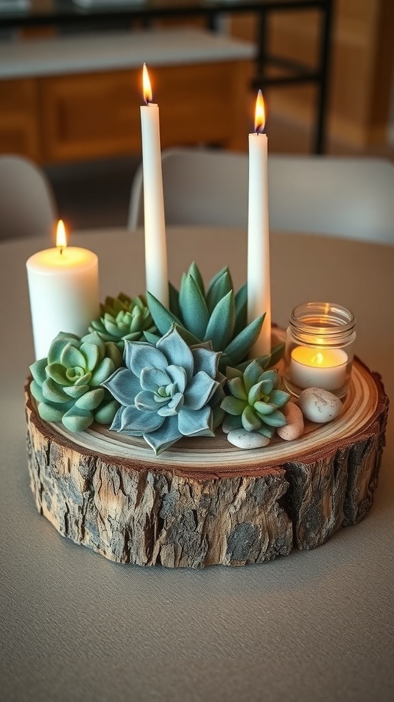 A rustic wood slice centerpiece featuring candles and succulents.