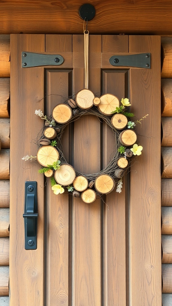 A rustic wood slice wreath with flowers hanging on a wooden door.