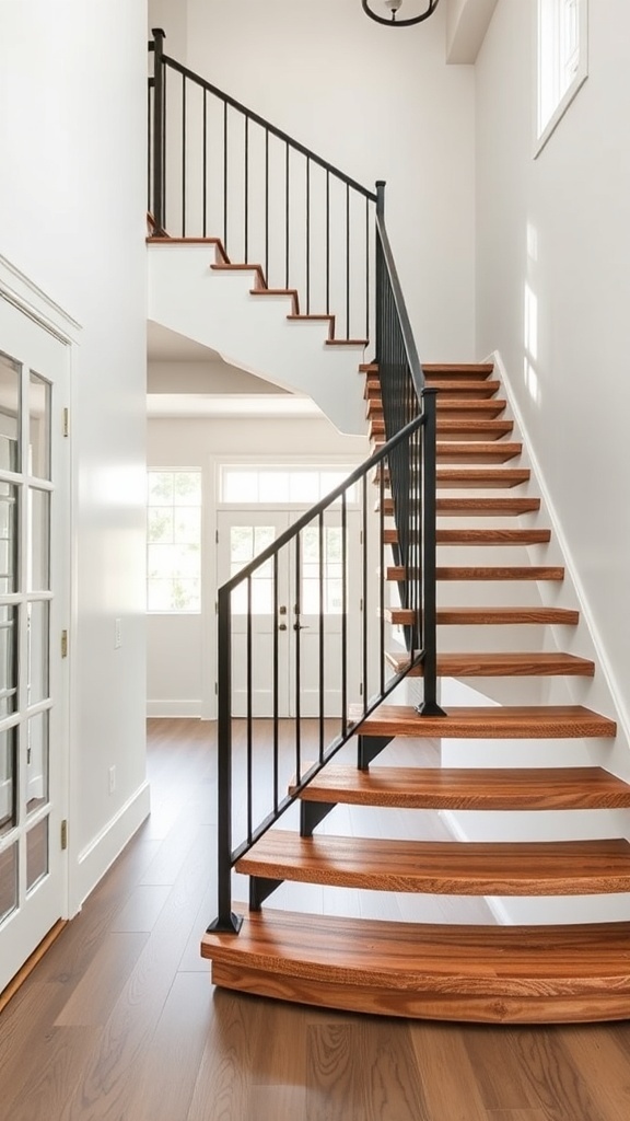 A modern farmhouse staircase featuring rustic wood treads and black metal railings.