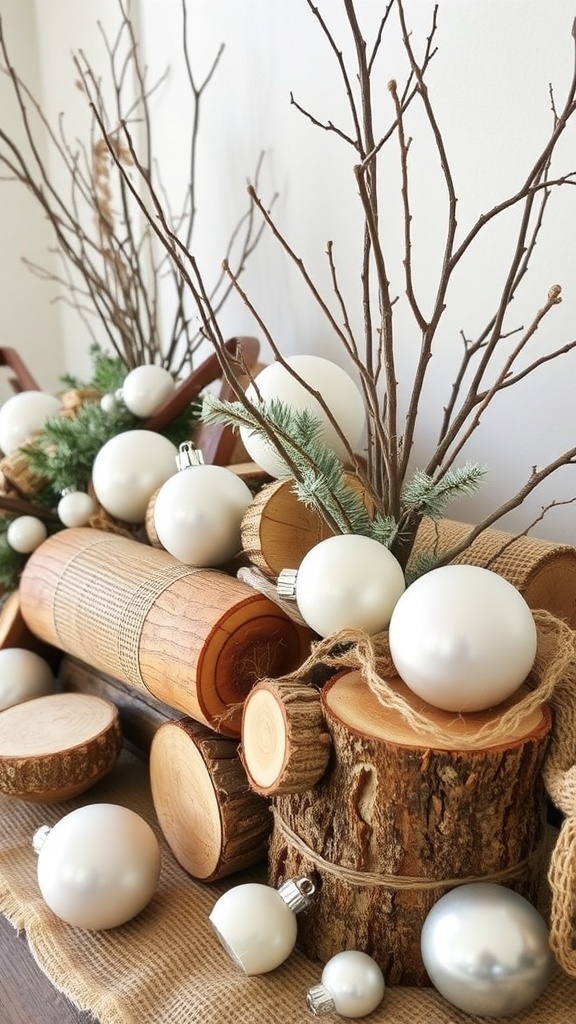 A cozy winter decor scene featuring stacked logs, white ornaments, and greenery.