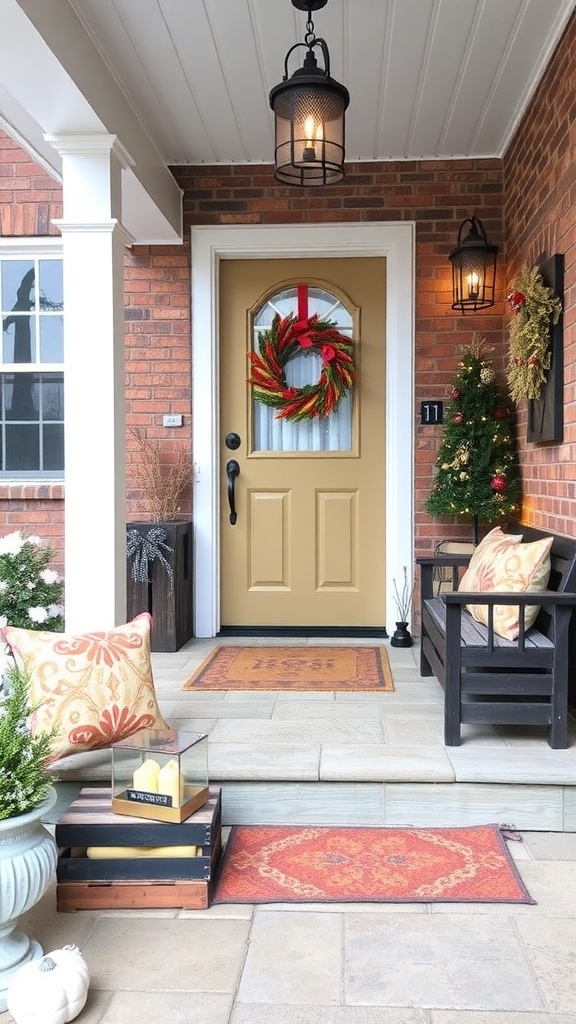 A winter front porch featuring rustic wooden accents, including a bench and planters, decorated with wreaths and a small Christmas tree.
