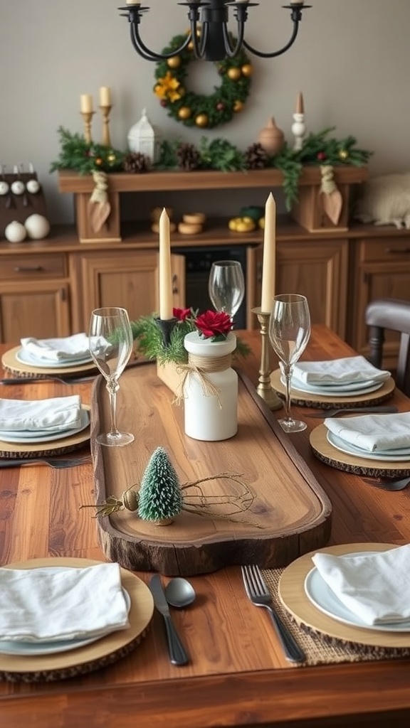 A beautifully decorated dining table with rustic wooden accents, featuring a wooden centerpiece, candles, and festive greenery.