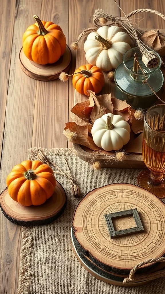 A rustic fall table decor featuring small pumpkins on wooden slices, burlap, and a glass lantern.