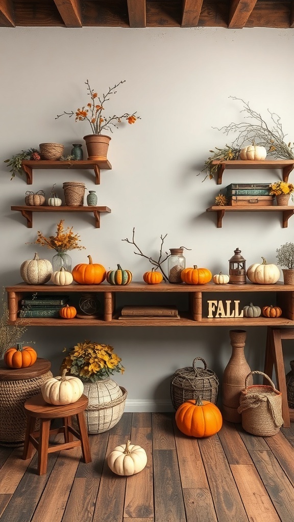 A cozy fall decor setup featuring rustic wooden shelves, pumpkins, and plants.