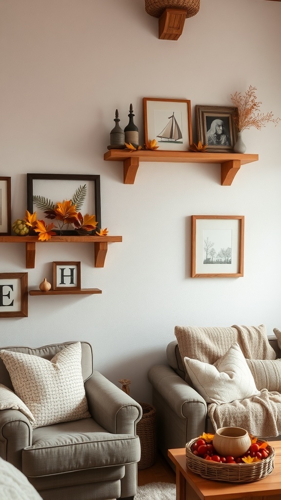 Cozy living room with rustic wooden shelves and fall decor