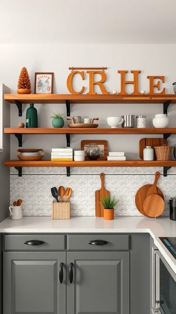 A kitchen with rustic wooden shelves displaying decorative items and kitchenware.