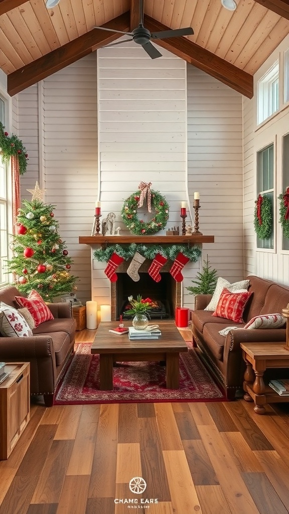 A cozy Christmas living room featuring rustic wooden accents, a decorated tree, and festive decor.