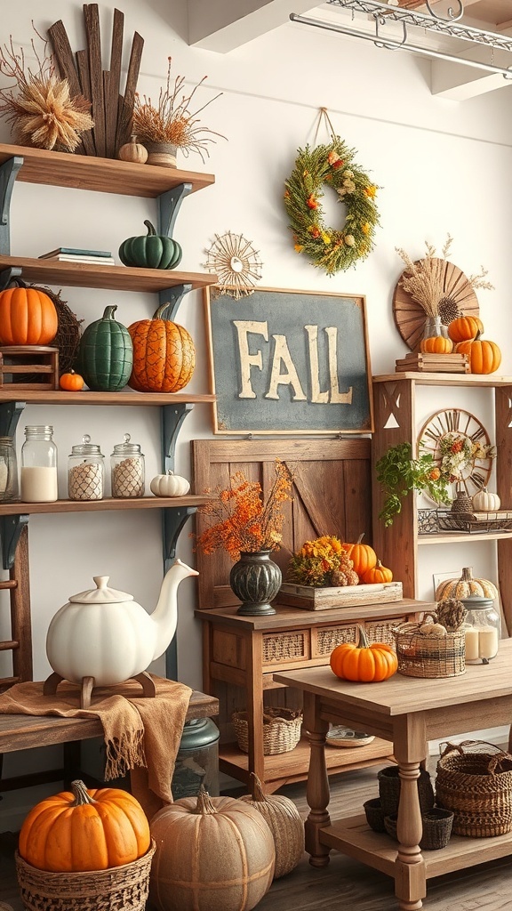 A cozy fall decor scene featuring rustic wooden shelves filled with pumpkins, a teapot, and autumn decorations.