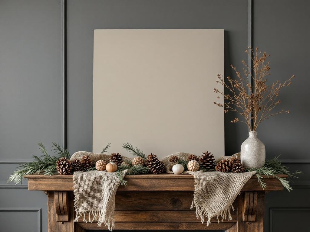 A rustic wooden mantel decorated with burlap, pinecones, pumpkins, and greenery for Thanksgiving.
