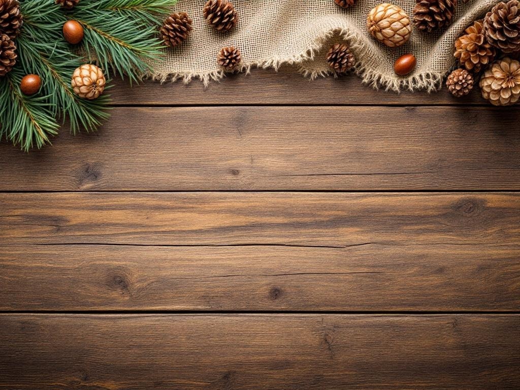 A rustic wooden table with pinecones, acorns, and greenery, creating a warm Thanksgiving decor.