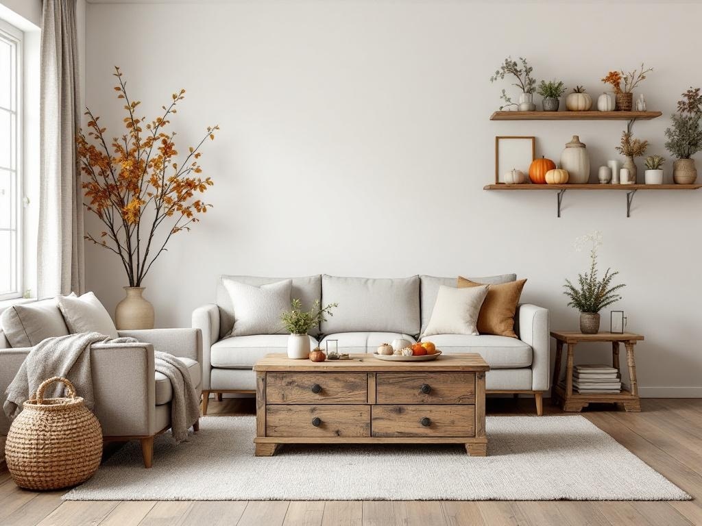 A cozy living room with rustic wooden accents, featuring a wooden coffee table, shelves with seasonal decor, and soft seating.