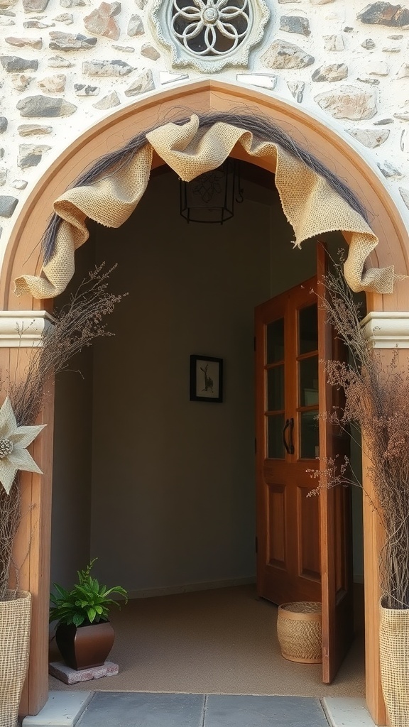 A rustic wooden archway decorated for Christmas with natural elements.