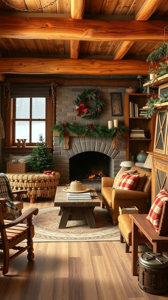 Cozy winter living room with rustic wooden accents, featuring a fireplace and comfortable seating.