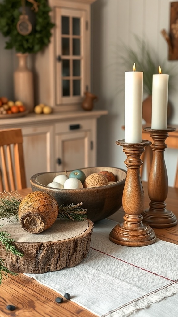 A rustic wooden bowl with decorative items, candles on wooden holders, and a natural pinecone on a table.