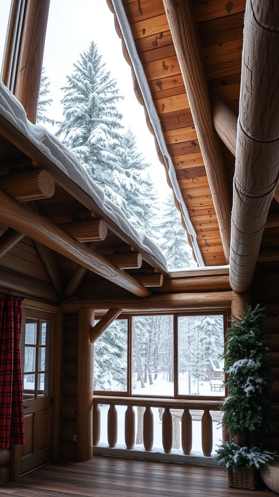 Interior of a cozy winter cabin with wooden accents and snow outside