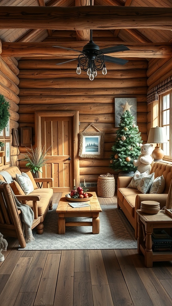 Cozy rustic living room with wooden furniture and a Christmas tree