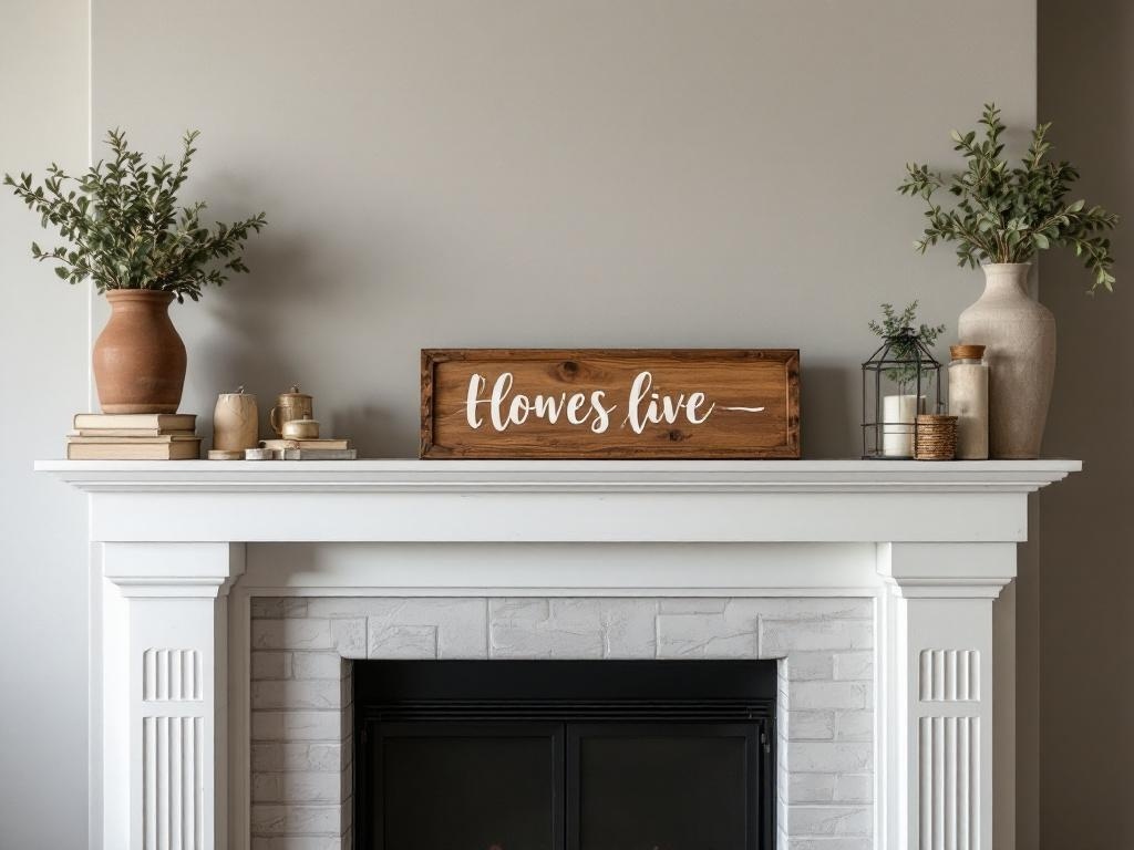 A rustic mantel decorated with wooden accents, greenery, and candles.