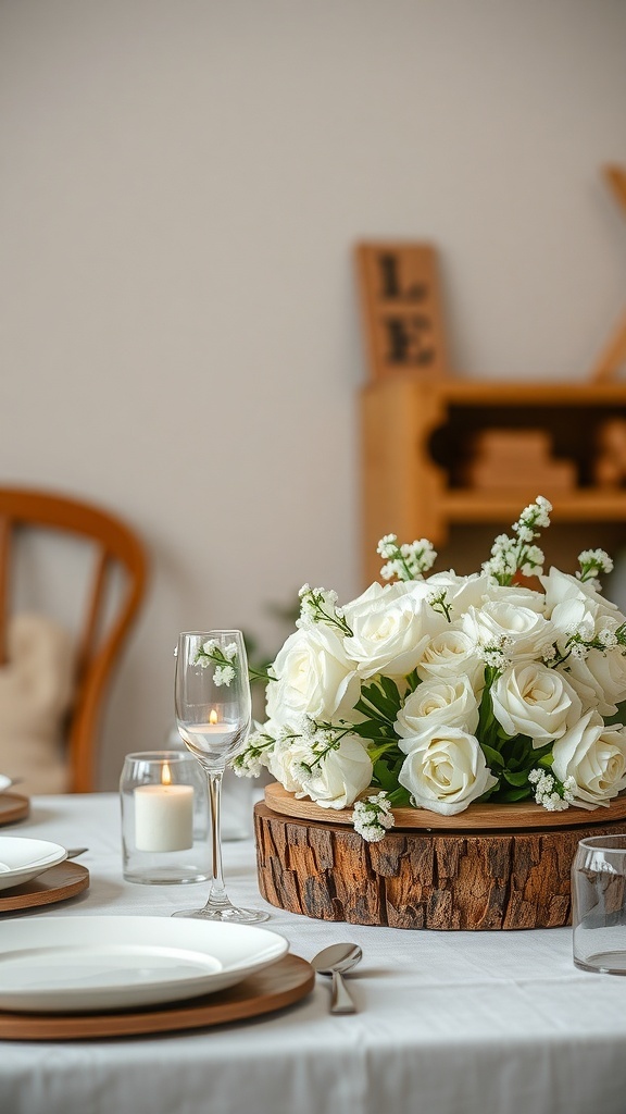 A table setting featuring rustic wooden accents and white flowers in a centerpiece.