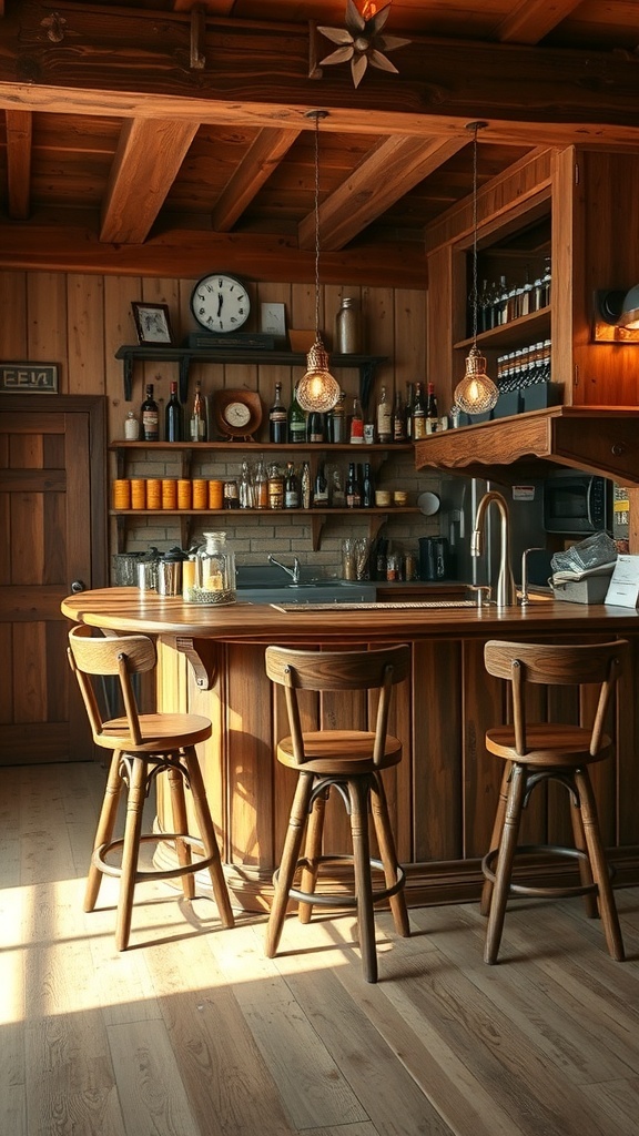 A rustic wooden bar counter with matching stools, open shelving, and warm lighting.