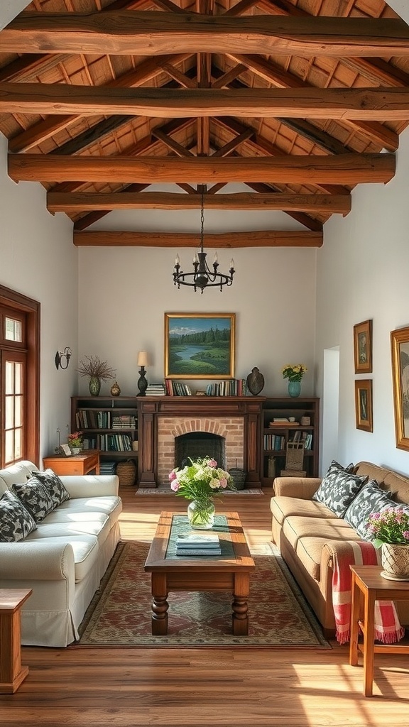 Cozy living room with rustic wooden beams and accents