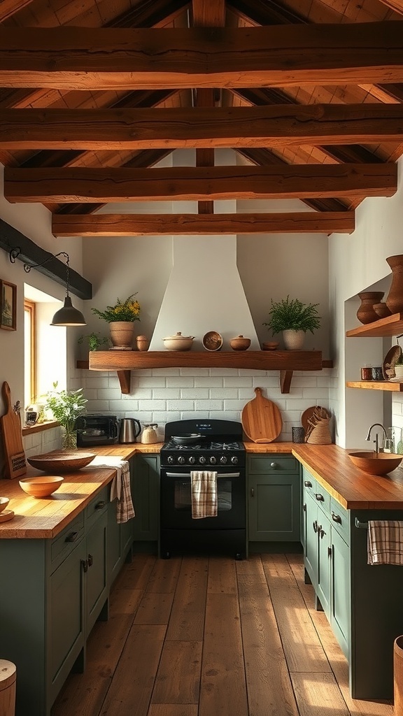 A cozy cottage farmhouse kitchen featuring rustic wooden beams and a warm color palette.