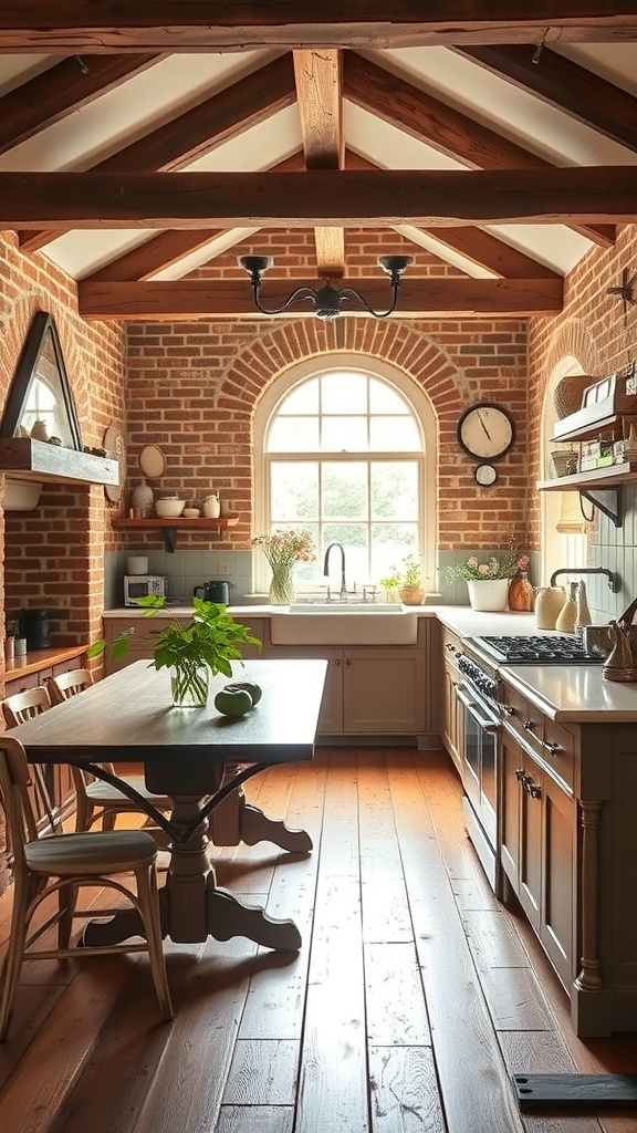 A cozy farmhouse kitchen featuring rustic wooden beams and exposed brick walls.