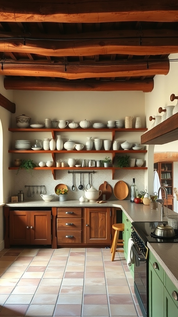 An Italian farmhouse kitchen featuring rustic wooden beams and open shelving with dishware.